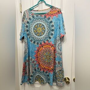 Midi Shift Dress 2X Blue Multicolor Geometric Flowy Stretchy EUC